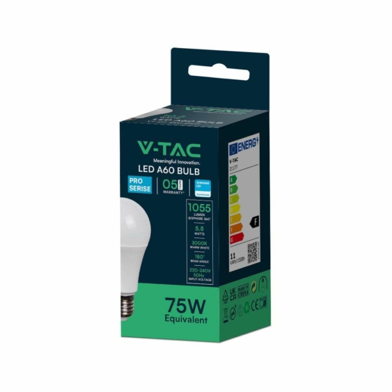 V-TAC 10.5W E27 meleg fehér A60 LED égő, 100 Lm/W - SKU 21177