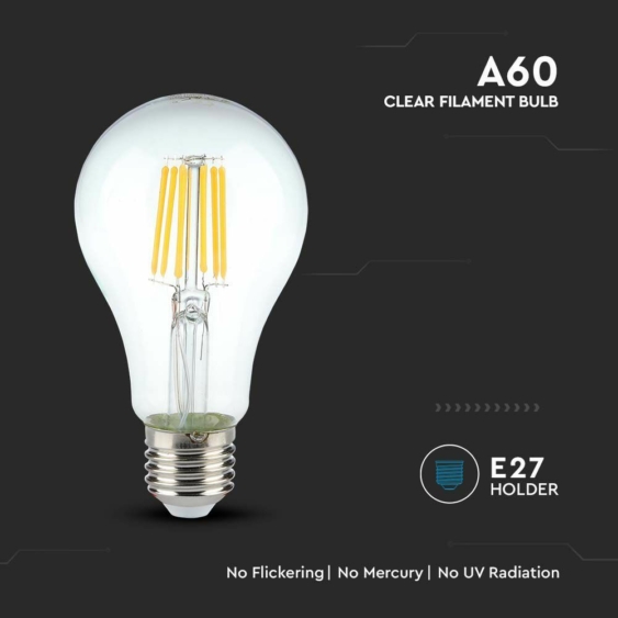 V-TAC 10W E27 hideg fehér filament A60 LED égő - SKU 214412