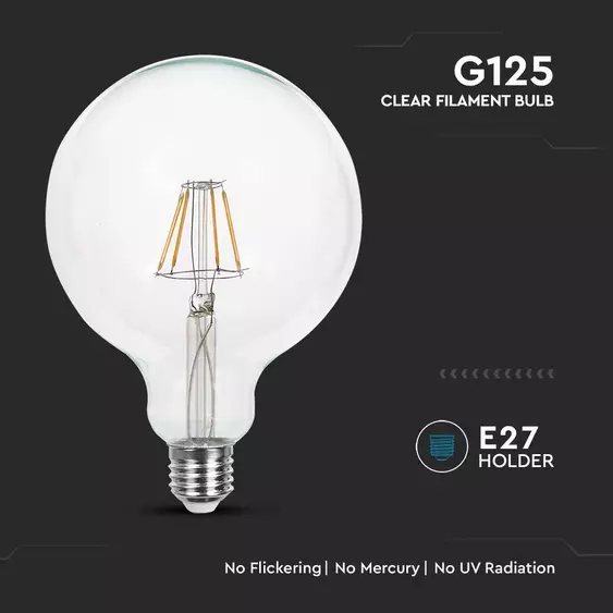 V-TAC 10W E27 meleg fehér filament G125 LED égő - SKU 214422