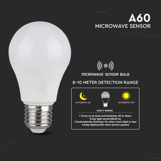 V-TAC 11W E27 természetes fehér mozgásérzékelős alkonykapcsolós LED égő - SKU 2764