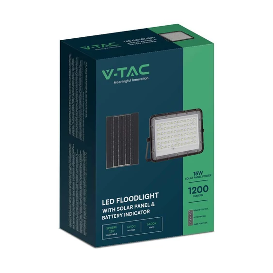 V-TAC 12000mAh napelemes LED reflektor 15W természetes fehér, 1200 Lumen, fekete házzal - SKU 7826