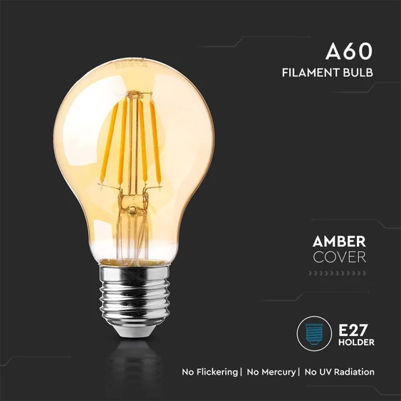 V-TAC 12W borostyán E27 meleg fehér filament A60 LED égő - SKU 7457