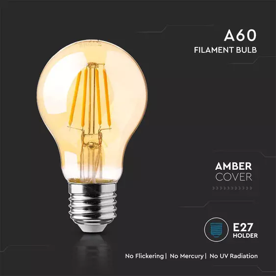 V-TAC 12W borostyán E27 meleg fehér filament A60 LED égő - SKU 7457