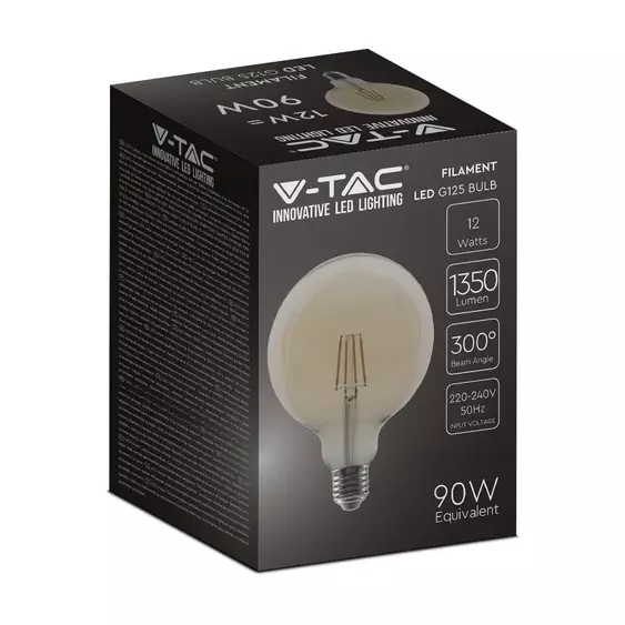 V-TAC 12W borostyán E27 meleg fehér filament G125 LED égő, 110 Lm/W - SKU 217456