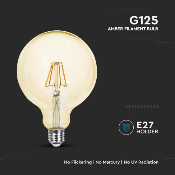V-TAC 12W borostyán E27 meleg fehér filament G125 LED égő, 110 Lm/W - SKU 217456