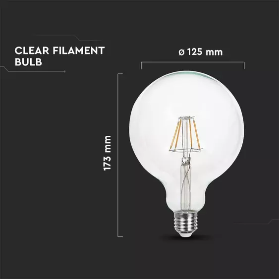 V-TAC 12W E27 hideg fehér filament G125 LED égő, 125 Lm/W - SKU 217455