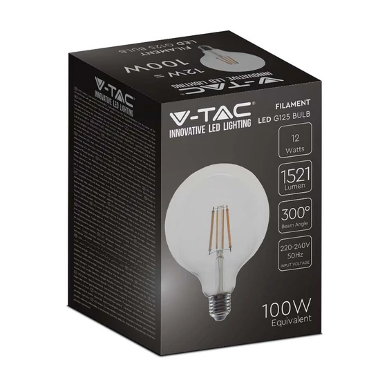 V-TAC 12W E27 meleg fehér filament G125 LED égő - SKU 217453