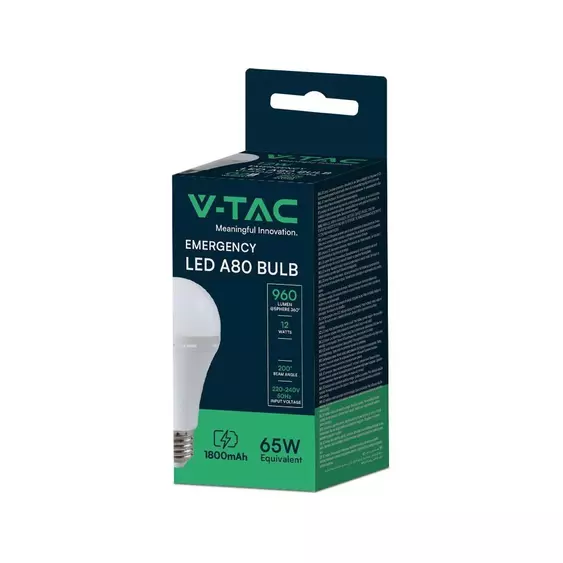 V-TAC 12W E27 természetes fehér A80 LED égő, akkumulátorral - SKU 7794