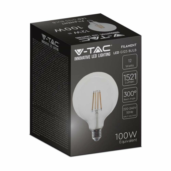 V-TAC 12W E27 természetes fehér filament G125 LED égő, 125 Lm/W - SKU 217454