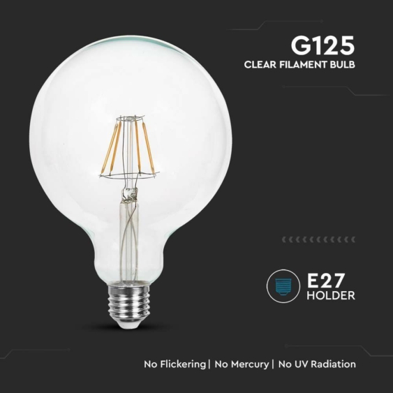 V-TAC 12W E27 természetes fehér filament G125 LED égő, 125 Lm/W - SKU 217454