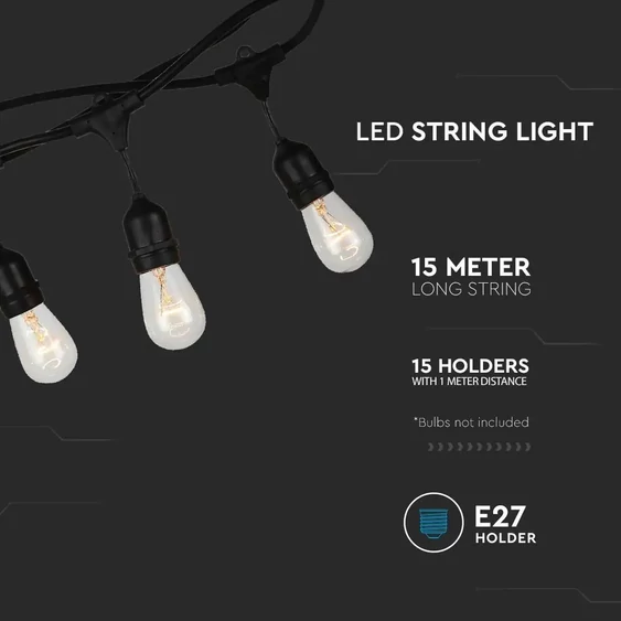 V-TAC 15m party fényfüzér vízálló E27 foglalattal LED égőhöz - SKU 3673