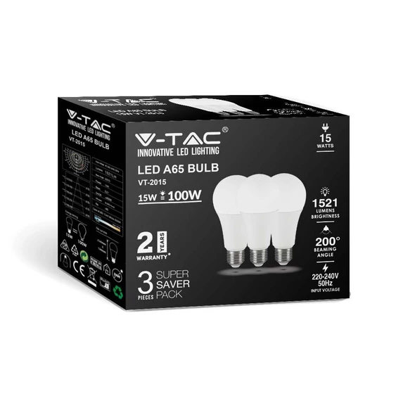 V-TAC 15W E27 természetes fehér A65 LED égő csomag (3 db) - SKU 212820