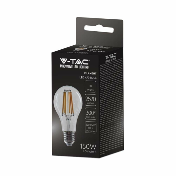 V-TAC 18W E27 meleg fehér filament A70 LED égő, 140 Lm/W - SKU 212802