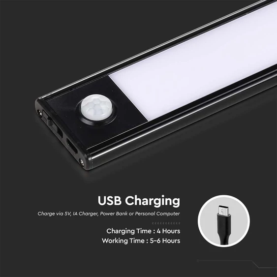 V-TAC 1.5W mozgásérzékelős, akkumulátoros, LED bútorvilágítás, természetes fehér, fekete - SKU 2959