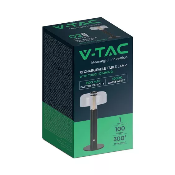 V-TAC 1W fekete, érintéssel vezérelhető akkumulátoros LED lámpa, meleg fehér - SKU 7940