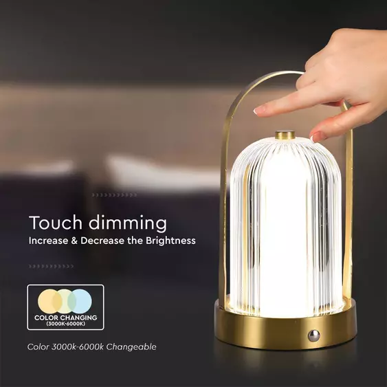 V-TAC 1W francia arany színű asztali akkumulátoros LED lámpa akril búrával, CCT - SKU 7989