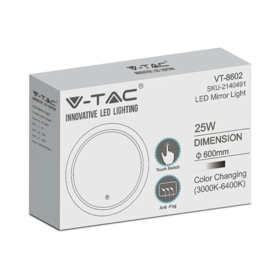 V-TAC 25W kerek tükör LED világítással, változtatható színhőmérséklet - SKU 2140491
