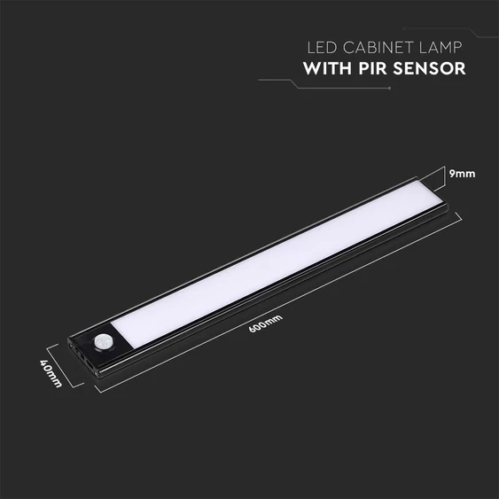 V-TAC 2.5W 2in1 akkumulátoros LED bútorvilágítás, természetes fehér, fekete házzal, 60 cm - SKU 2967