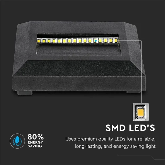 V-TAC 2W fekete LED lépcsővilágítás, szögletes, IP65, meleg fehér - SKU 1323