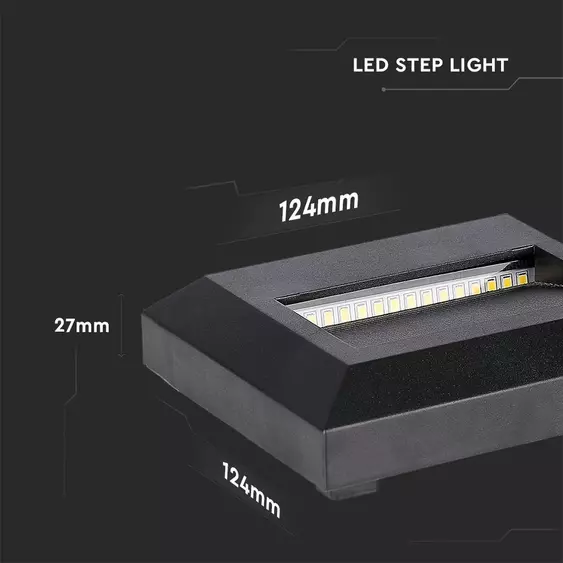 V-TAC 2W fekete LED lépcsővilágítás, szögletes, IP65, meleg fehér - SKU 211323