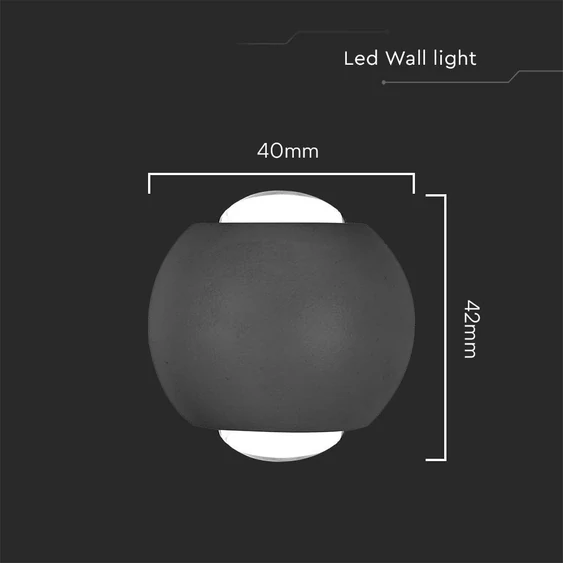 V-TAC 2W kültéri fali COB LED lámpa, 2 irányú gömb, fekete házzal, természetes fehér - SKU 10586