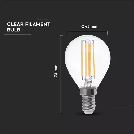 V-TAC 3 lépésben dimmelhető 4W E14 meleg fehér filament P45 LED égő, 100 Lm/W - SKU 6846