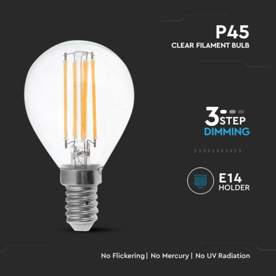 V-TAC 3 lépésben dimmelhető 4W E14 meleg fehér filament P45 LED égő, 100 Lm/W - SKU 6846