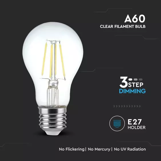V-TAC 3 lépésben dimmelhető 4W E27 meleg fehér filament A60 LED égő, 100 Lm/W - SKU 6845