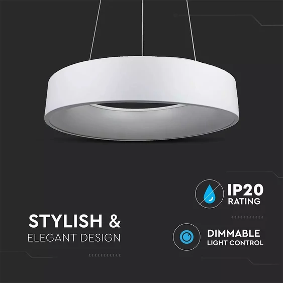 V-TAC 30W dimmelhető csillár, fehér búrával, beépített LED fényforrással, meleg fehér - SKU 3995