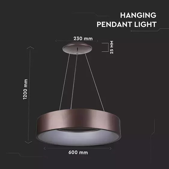 V-TAC 30W dimmelhető csillár, kávébarna búrával, beépített LED fényforrással, meleg fehér - SKU 3997