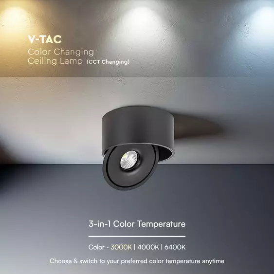 V-TAC 30W mennyezeti COB LED mélysugárzó, állítható szöggel, fekete házzal, CCT - SKU 23158