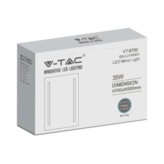 V-TAC 35W szögletes tükör LED világítással, hideg fehér - SKU 2140451