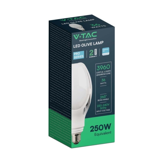V-TAC 36W E27 hideg fehér Olive LED égő, 110 Lm/W - SKU 21285