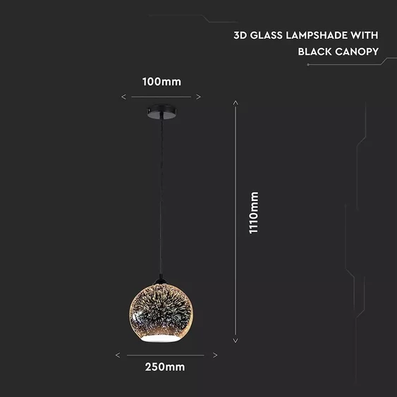 V-TAC 3D-s üveg csillár, függeszték E27 foglalattal, Ø250mm - SKU 40131