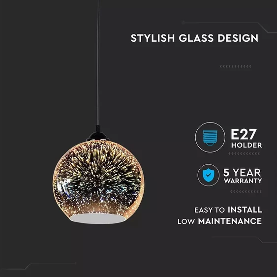 V-TAC 3D-s üveg csillár, függeszték E27 foglalattal, O150mm - SKU 3830