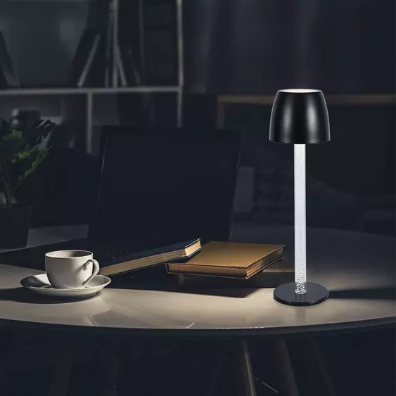 V-TAC 3W asztali akkus lámpa átlátszó lámpatartóval, fekete házzal, meleg fehér - SKU 23095