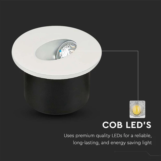 V-TAC 3W beltéri COB LED lépcsővilágítás, kerek, meleg fehér, 90 Lm/W - SKU 211207