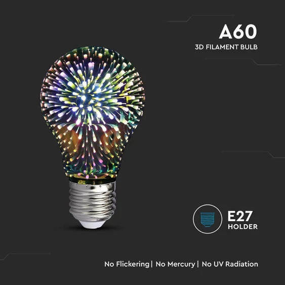 V-TAC 3W E27 3D hatású filament A60 LED égő - SKU 212704