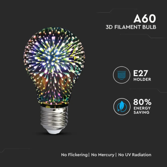 V-TAC 3W E27 meleg fehér 3D hatású filament LED égő - SKU 2704