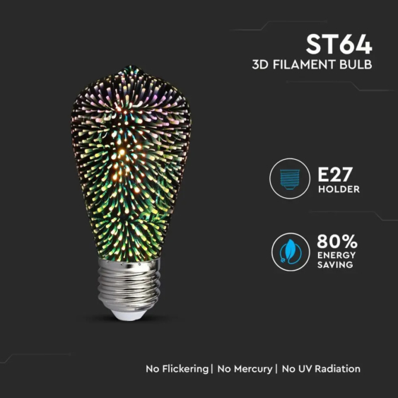 V-TAC 3W E27 meleg fehér 3D hatású filament ST64 LED égő - SKU 212705