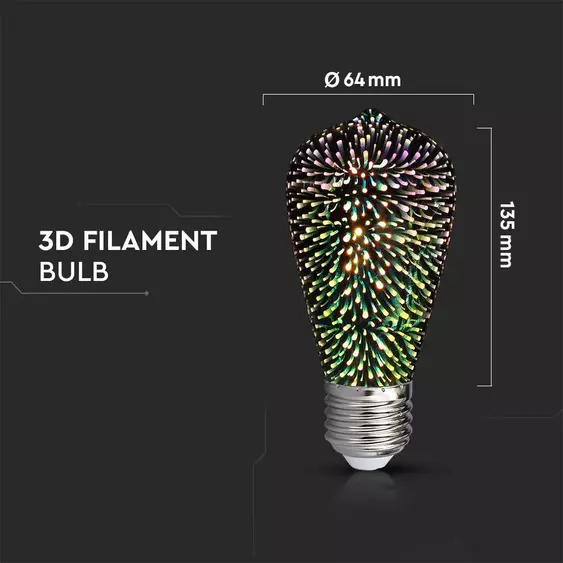 V-TAC 3W E27 meleg fehér 3D hatású filament ST64 LED égő - SKU 212705