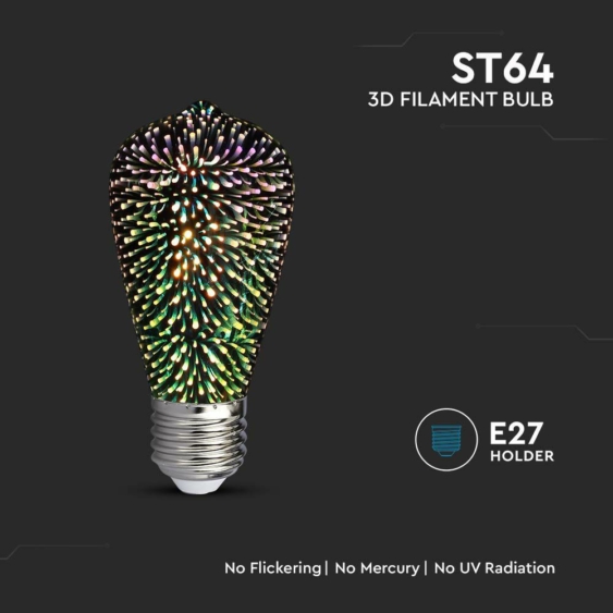 V-TAC 3W E27 meleg fehér 3D hatású filament ST64 LED égő - SKU 212705