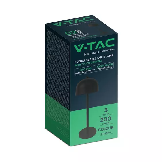 V-TAC 3W fekete, érintéssel vezérelhető akkumulátoros LED ernyő alakú lámpa, CCT - SKU 7985
