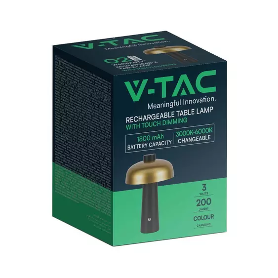 V-TAC 3W fekete és arany, érintéssel vezérelhető akkumulátoros LED lámpa, CCT - SKU 7946