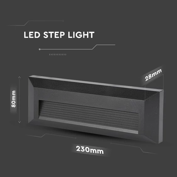V-TAC 3W fekete LED lépcsővilágítás, IP65, természetes fehér - SKU 211328