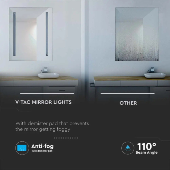 V-TAC 42W szögletes tükör LED világítással, hideg fehér - SKU 2140471