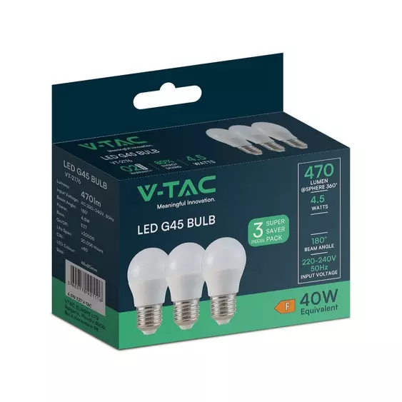 V-TAC 4.5W E27 hideg fehér G45 LED égő csomag (3 db) - SKU 217364