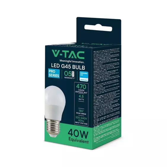 V-TAC 4.5W E27 meleg fehér G45 LED égő, 100 Lm/W - SKU 21174
