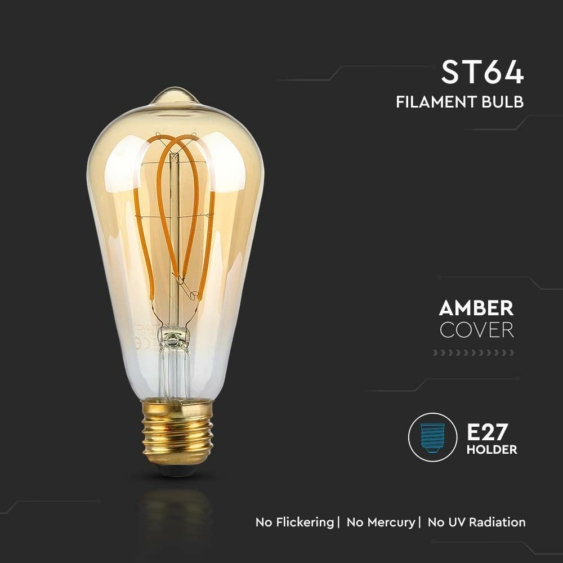 V-TAC 4.8W borostyán E27 filament ST64 LED égő, 1800K - SKU 217220