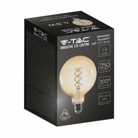 V-TAC 4.8W borostyán E27 meleg fehér dimmelhető spirál filament G125 LED égő - SKU 217415